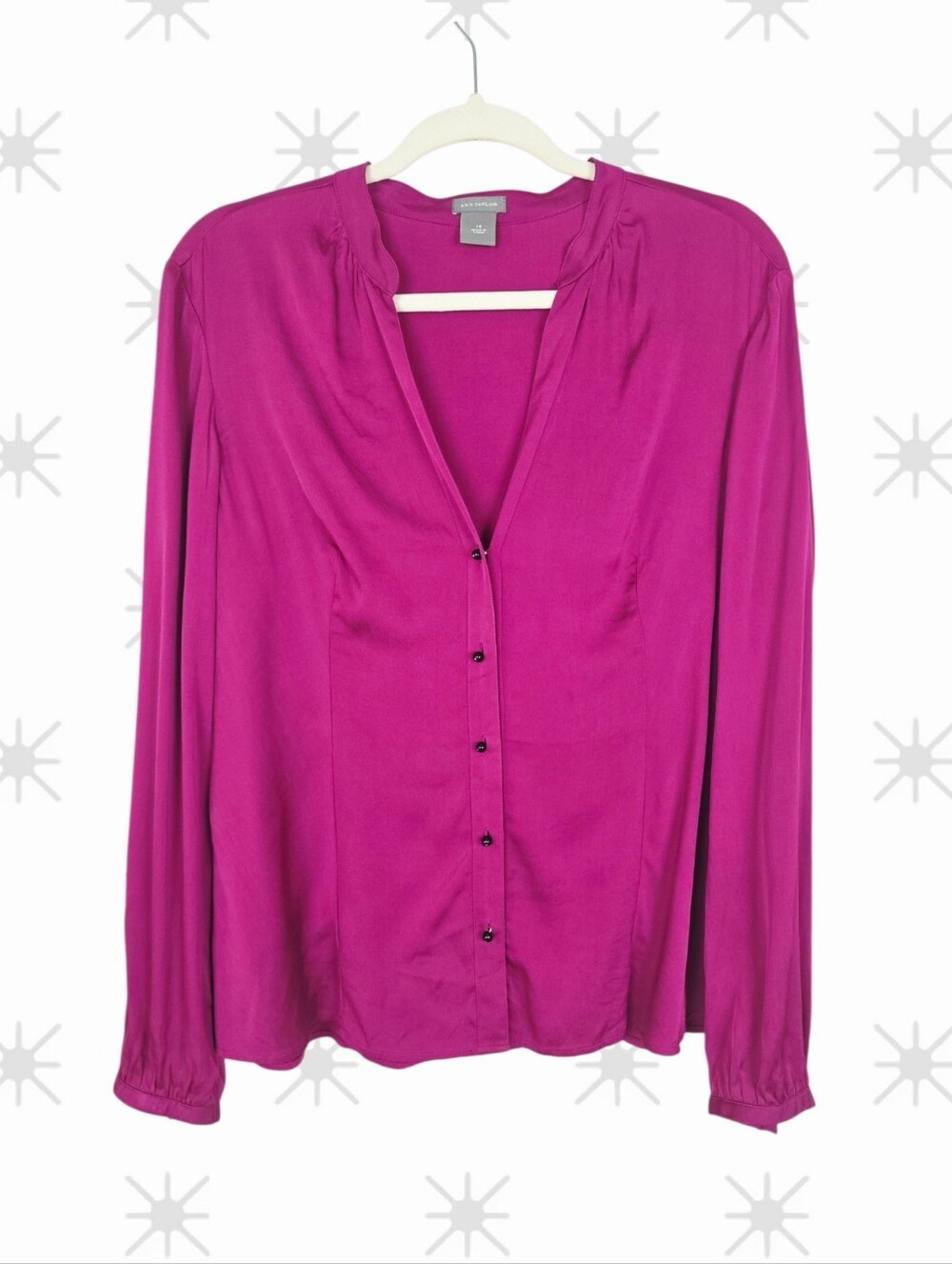 Ann Taylor Y2K Silk Bright Fuchsia Button-Down Long Sleeve V-Neck Blouse Size 14
